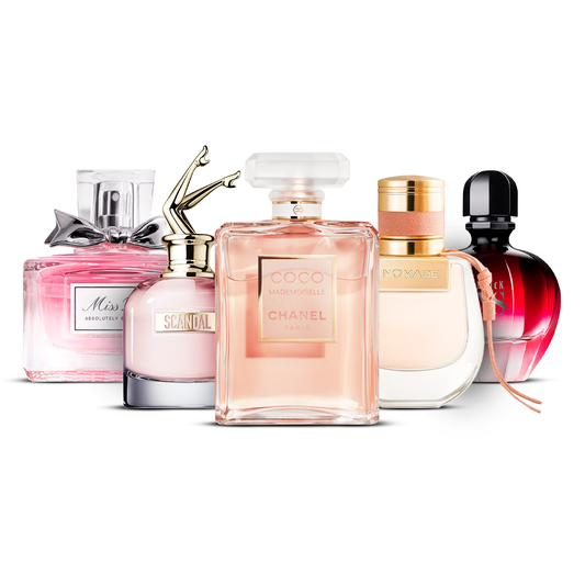 5 smaržu komplekts – Miss Dior Absolutely Blooming, Scandal, Coco Mademoiselle, Nomade un Black XS  [100 ml katrs]