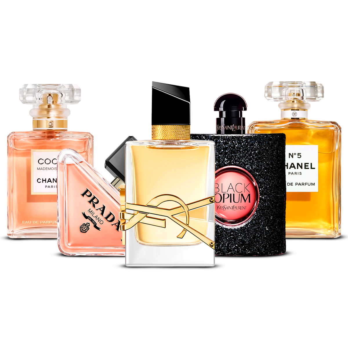 5 smaržu komplekts – Coco Mademoiselle, Prada Paradoxe, Libre, Black Opium un Chanel N°5 [100 ml katrs]
