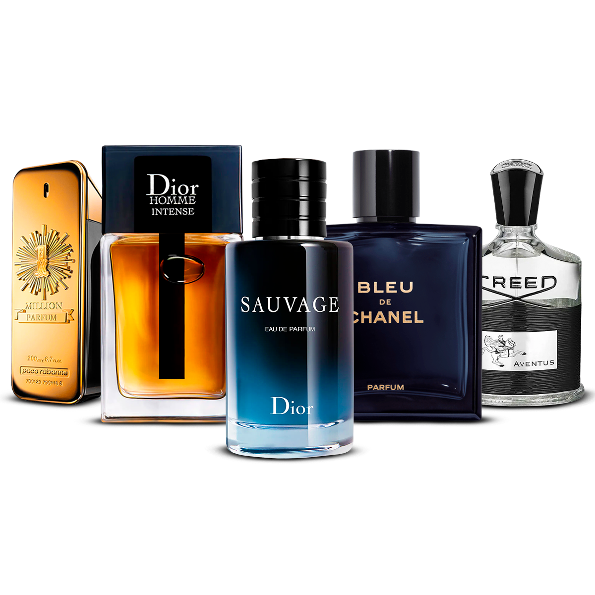 5 smaržu komplekts  –  1 Million, Dior Homme Intense, Sauvage, Bleu de Chanel un Creed Aventus  [100 ml katrs]