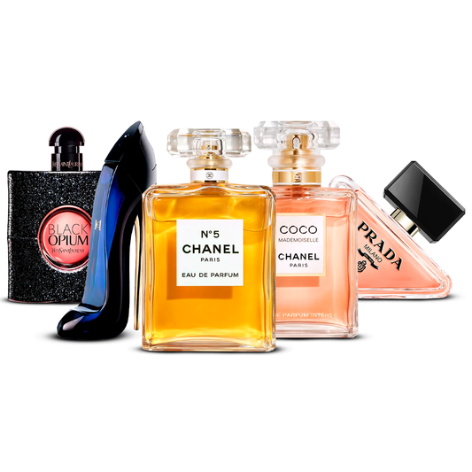 5 smaržu komplekts – Black Opium, Good Girl, Chanel N°5, Coco Mademoiselle un Prada Paradoxe [100 ml katrs]