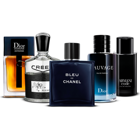 5 smaržu komplekts  –  Dior Homme Intense, Creed Aventus, Bleu de Chanel, Sauvage un Armani Code   [100 ml katrs]