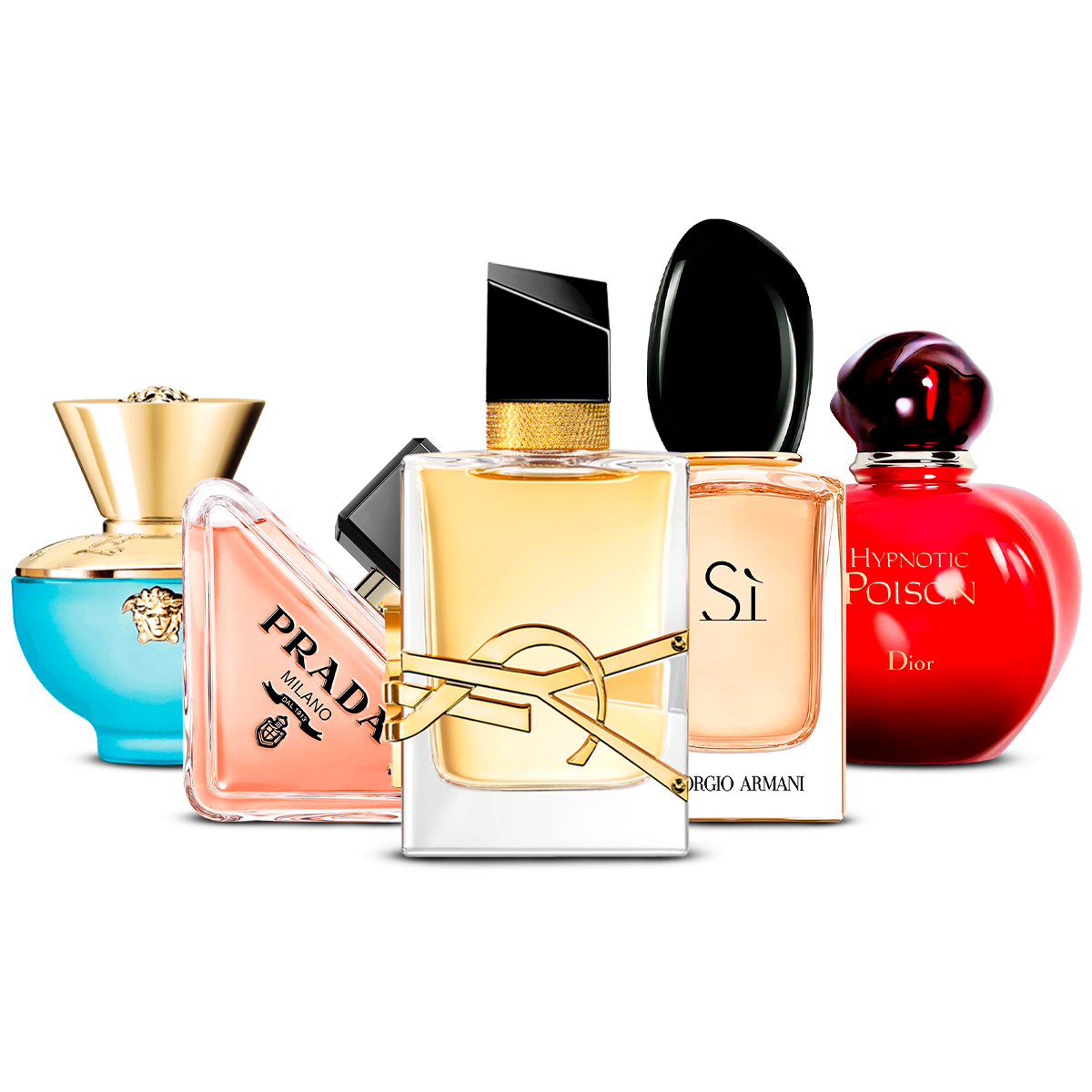 5 smaržu komplekts   – Versace Dylan Turquoise, Prada Paradoxe, Yves Saint Laurent Libre, Giorgio Armani Sì un Dior Hypnotic Poison   [100 ml katrs]