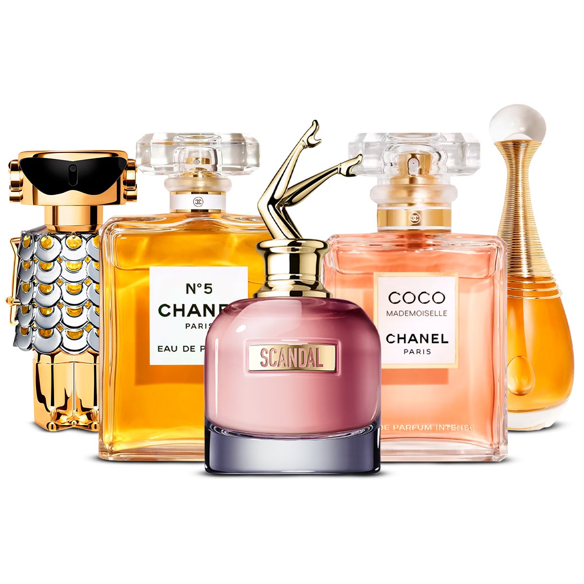 5 smaržu komplekts – Fame, Chanel Nº5, Scandal, Coco Mademoiselle un J'adore [100 ml katrs]