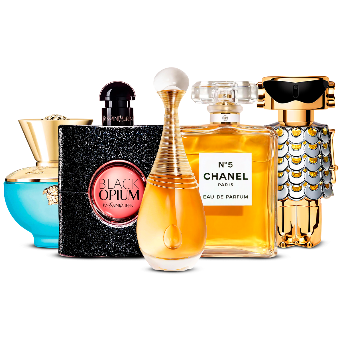 5 smaržu komplekts  – Versace Dylan Turquoise, Black Opium, J'adore, Chanel Nº5 un Fame  [100 ml katrs]
