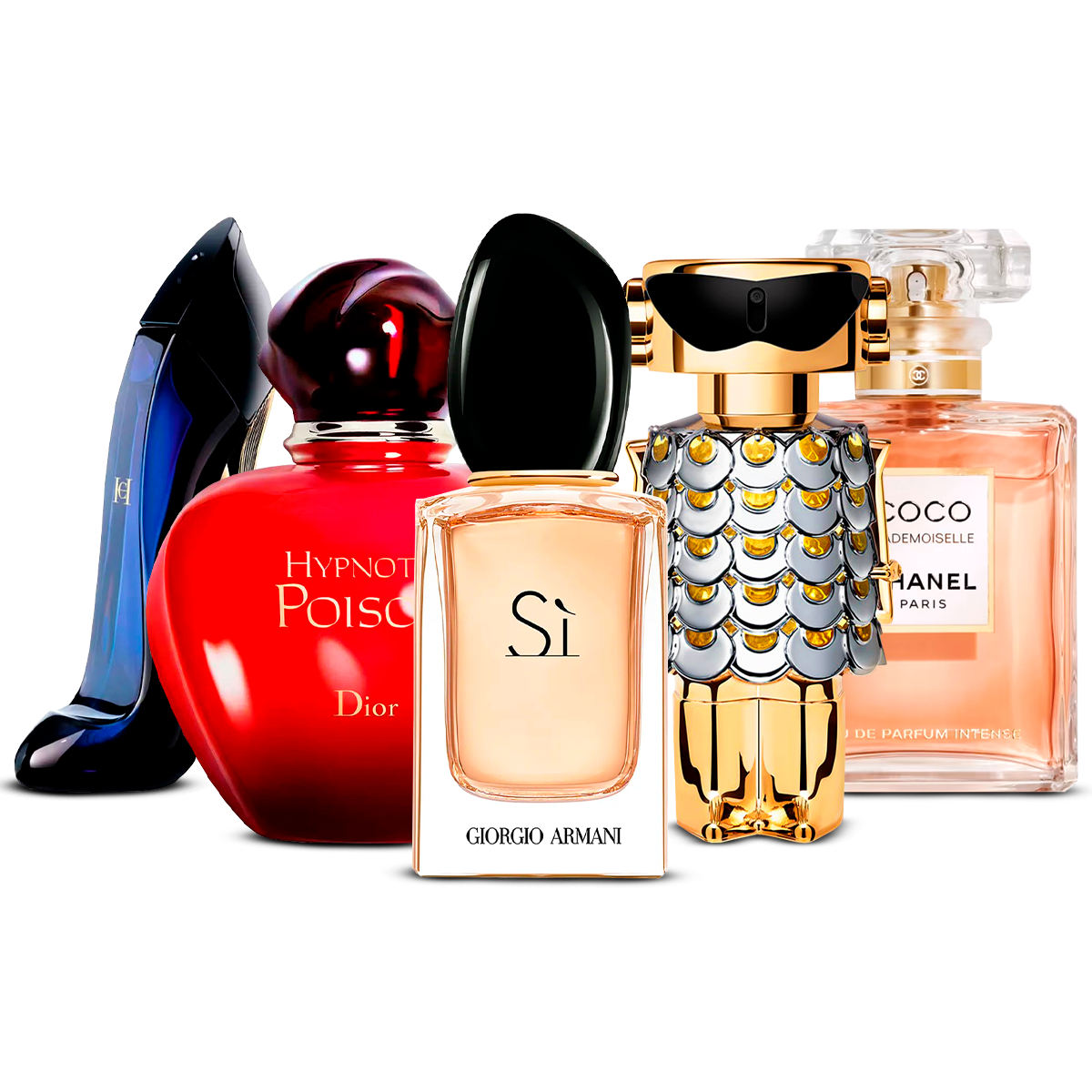 5 smaržu komplekts – Good Girl, Hypnotic Poison, Sì, Fame un Coco Mademoiselle [100 ml katrs]