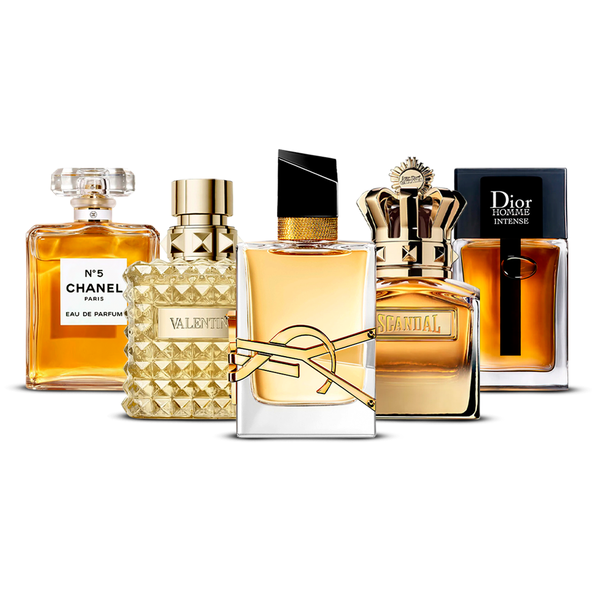 5 smaržu komplekts  – Chanel Nº5, Valentino Uomo, Yves Saint Laurent Libre, Scandal Pour Homme un Dior Homme Intense  [100 ml katrs]