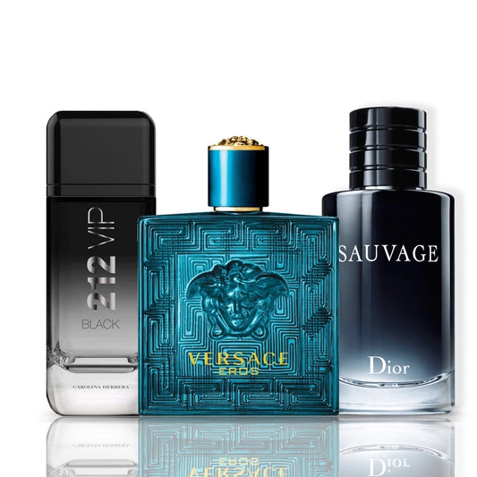 3 smaržu komplekts | 212 VIP Black + Versace Eros + Sauvage Dior 100 ml