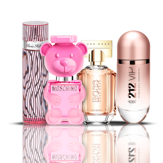 4 smaržu komplekts | 212 VIP Rose + Moschino Bubble Gum + Hugo Boss The Scent + Paris Hilton 100 ml